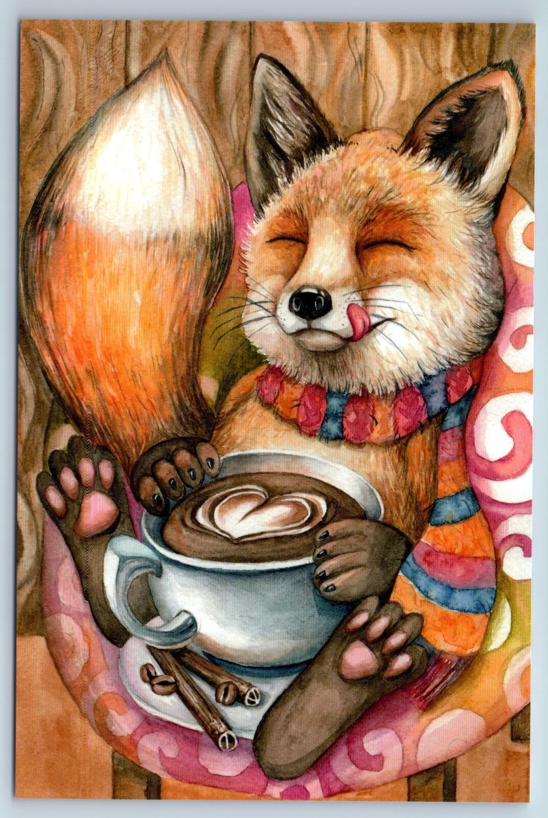 Cute colorful red fox is drinking cup hot tea Vector Image