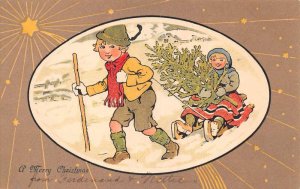 Christmas Greetings Children with Sled Shooting Stars Vintage Postcard AA82601