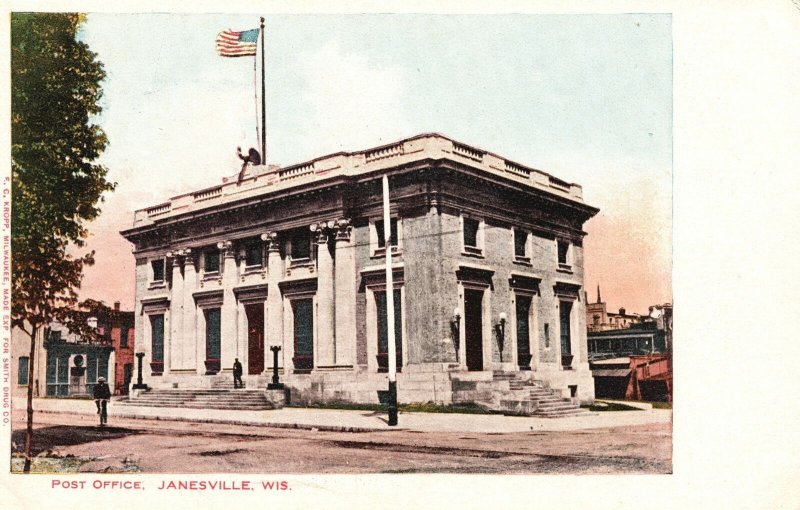Vintage Postcard 1920's View of Post Office Building Janesville Wisconsin WI