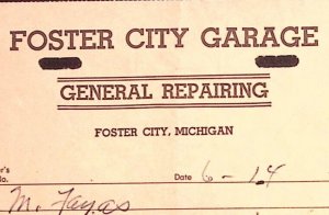 1960 FOSTER CITY MICHIGAN FOSTER CITY GARAGE REPAIR BILLHEAD STATEMENT Z363