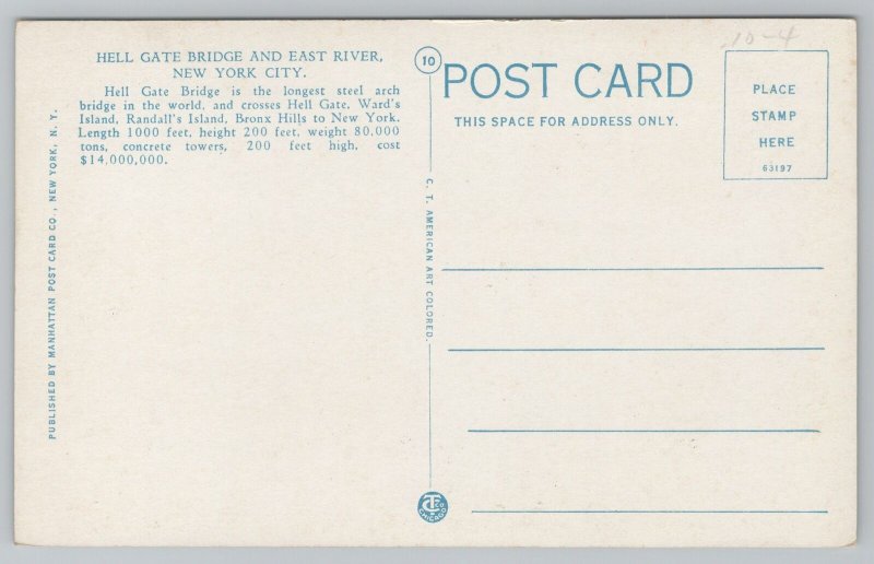 Bridge~Hell Gate Bridge & East River New York City~Vintage Postcard 