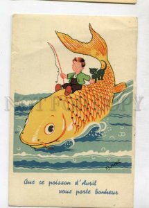 3146590 Comic Fishing BOY Huge FISH Black CAT by BERNET old PC