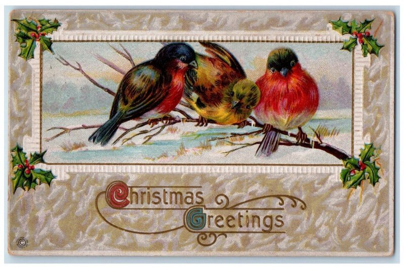 1918 Christmas Greetings Song Birds Holly Berries Grand Rapids MI Postcard