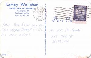 PORTLAND MAINE~LAMEY-WELLEHAN SHOES~539 CONGRESS STREET~SHOWROOM POSTCARD 1961