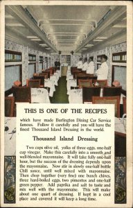 Thousand Island Dressing Recipe Burlington RR Train Dining Service Postcard