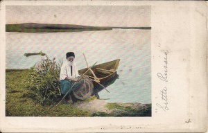 RUSSIA, Old Man w Boat & Fishing Net, Lake Scene Pre 1907, Pre-Revolutionary