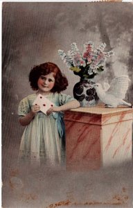 Vintage Postcard / Girl + White Dove + Five of Hearts / 1913 / Glossy