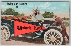 1920's HAVING OUR TROUBLES AT WAVERLY KANSAS OLD CAR BROKE DOWN PENNANT POSTCARD