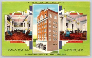 Natchez Mississippi~Eola Hotel Interior~Lobby~Palm Room~Linen 1940s Postcard