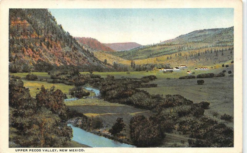 NM, New Mexico UPPER PECOS VALLEY~Bird's Eye View  RIVER~Homes  c1920's Postcard