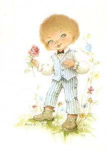 Little boy,, with flowers, by Nuco Lovely Spanish PC. size 15 x 10 cms.