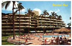 Sheaton Maui Resort Hotel Pool Deck Umbrellas Postcard 1987