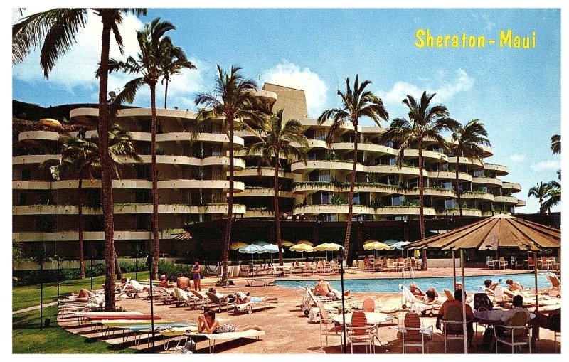 Sheaton Maui Resort Hotel Pool Deck Umbrellas Postcard 1987