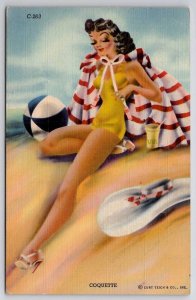 Sexy Bathing Beauty Glamour Girl In High Heels On Sand Beach Ball Postcard J40