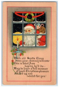 1927 Christmas Santa Claus On Window With Sack Of Toys Berries Vintage Postcard