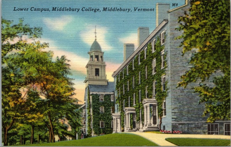 Vtg Middlebury College Lower Campus Vermont VT Linen Postcard