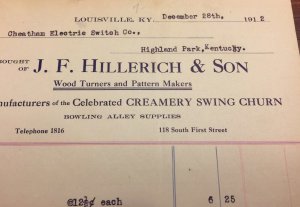 1912 J. Hillerich & Son LOUISVILLE KY Pre-Slugger Bat Wood Turner Letterhead