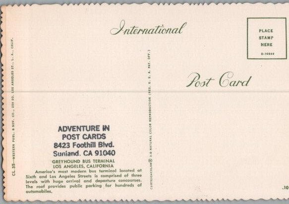 Greyhound Bus Station Los Angeles Thrifty Car Rental Continental Postcard-