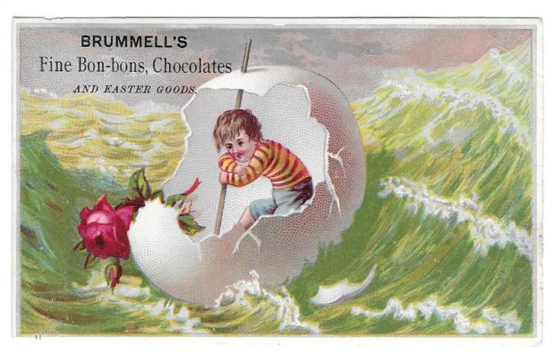 Victorian Trade Card Brummells Chocolate Boy Egg Shell Boat 