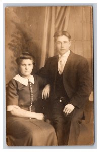 Vintage 1910's RPPC Postcard - Studio Portrait Cute Young Victorian Couple