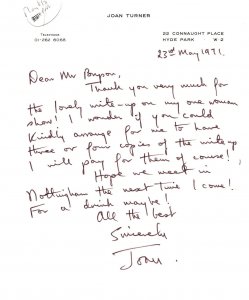 Joan Turner Irish Singer Ultimate Hand Signed Letter Headed Paper
