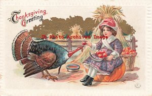 Thanksgiving, J Hermann 1911 No M.132, Girl Sitting on Pumpkin Feeding Turkey
