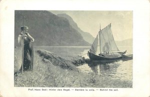 Fine art postcard painting Hans Dahl behind the sail