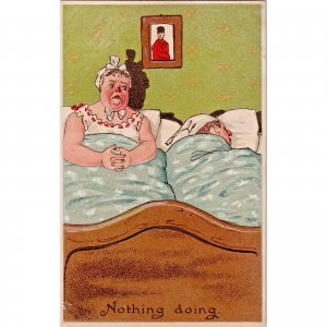 Vintage Marital Humor Postcard - Husband Wife Bedroom - Nothing Doing