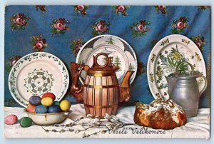 Austria Postcard Easter Eggs On Bowl Plates Kettle Pipe Berry c1910's Antique