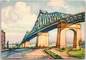 CONTINENTAL SIZE POSTCARD JACQUES CARTIER BRIDGE ART BY ANDRE MORENCY c. 1950s