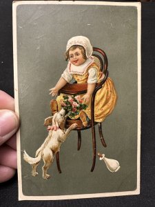 Vintage postcard Embossed German, Dog Child Girl Flowers Unique