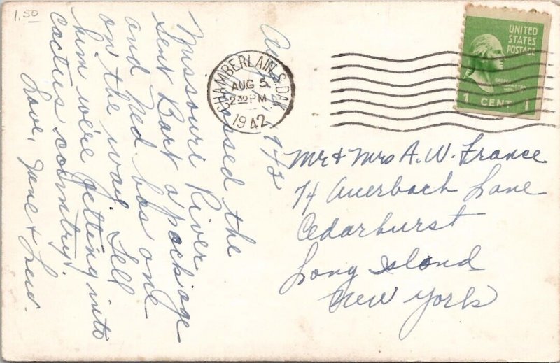 RPPC Chamberlain SD Missouri River Bridge 1942 to Cedarhurst LI NY Postcard F27