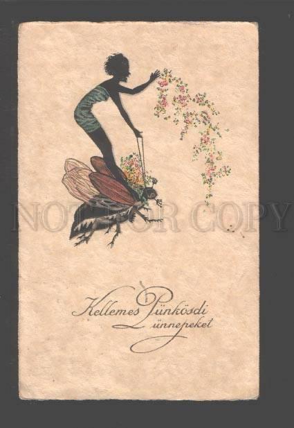 095032 FAIRY on Huge BUG Beetle SILHOUETTE vintage ART NOUVEAU