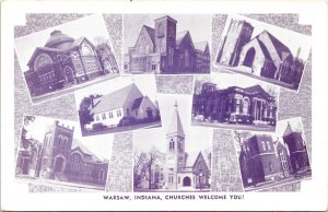 Postcard IN Warsaw Churches Multiview Pub. Christian Cards Co. 1950s V191