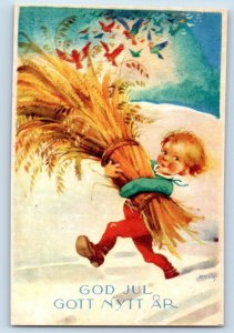 Signed Artist Postcard Christmas New Boy With Wheat Birds Winter Scene Sweden