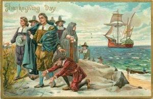 Thanksgiving, Pilgrims Landing, Mayflower, Embossed, Rapheal Tuck No. 161