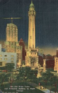 Vintage Postcard 1951 Old Water Tower And Palmolive Building By Night Chicago IL 