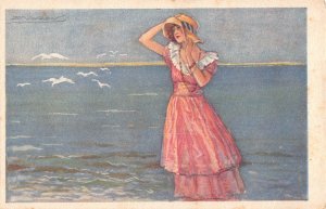 Fashion Art by Mauzan Lady in Pink Dress at Sea Glamour vintage postcard C328