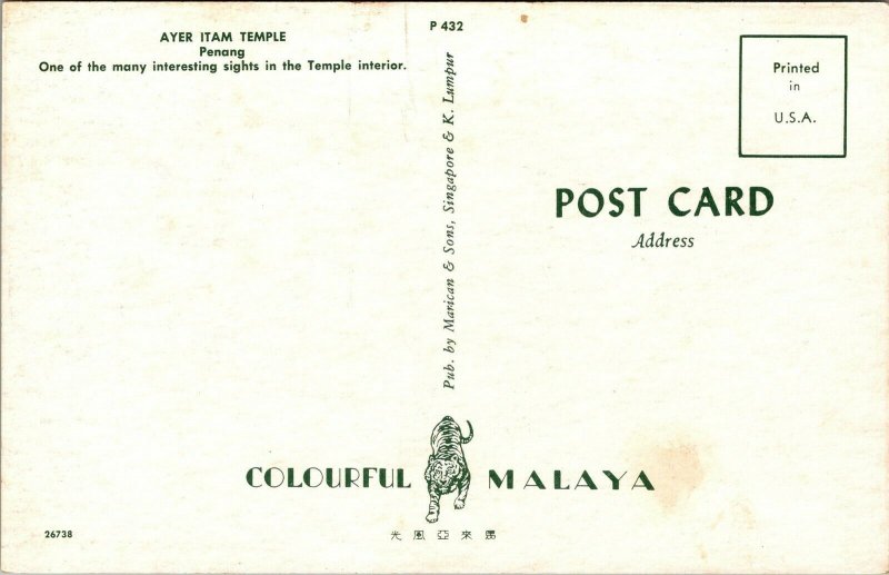 Vtg Ayer Itam Temple Interior Penang Malaysia Postcard