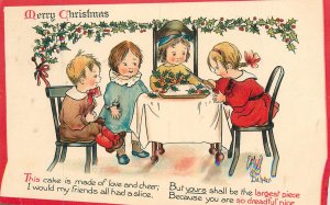 Nister 1734 Christmas Postcard S/A Ethel De Wees Childen Eat Holly Cake at Table