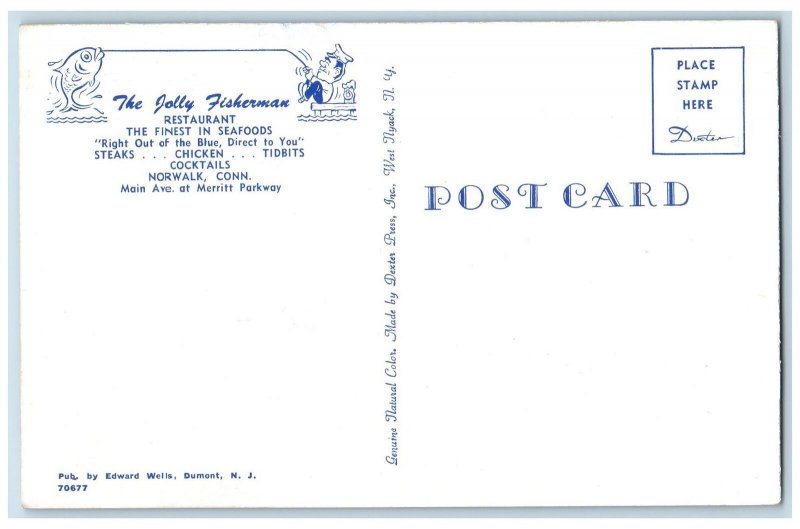 Norwalk Connecticut CT Postcard The Jolly Fisherman Restaurant Exterior c1960's