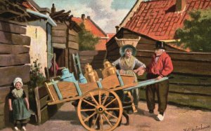 Vintage Postcard 1910's Old Man & Woman Dairy Milk Cart Wagon Artwork Painting