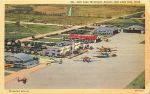 Linen Postcard; Salt Lake Municipal Airport UT Planes on Tarmac, Army Hangar