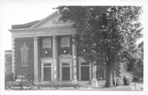 Eugene Oregon~First Baptist Church~Triple Door Entrance~Classic Car~1940s RPPC