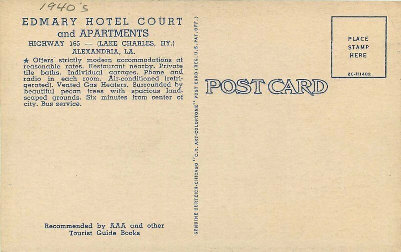 Alexandria Louisiana Edmary Hotel Court Apartments Teich linen Postcard 20-8296