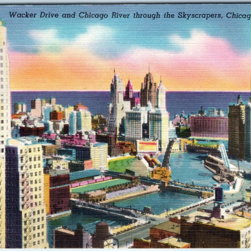 c1940s Chicago, IL Downtown Aerial Wacker River Colorful PC Bascule Bridge A288