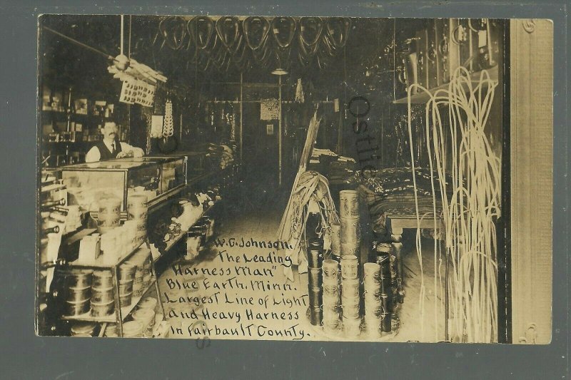 Blue Earth MINNESOTA RPPC c1910 INTERIOR HARNESS SHOP Occupational ADVERTISING