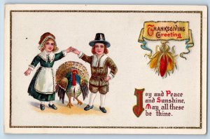 Thanksgiving Postcard Greeting Pilgrims And Turkey Corn Gel Gold Gilt c1910's