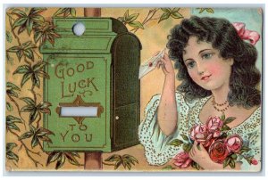 c1905 Pretty Woman Dropping Letter Mailbox Goodluck Embossed Antique Postcard