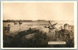 EXAGGERATED DUCK HUNTING ANTIQUE REAL PHOTO POSTCARD RPPC w/ CORK CANCEL